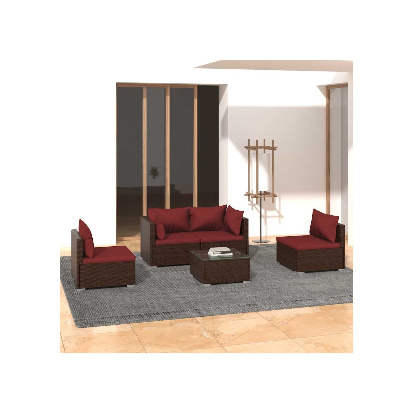 Salon de jardin 5 pcs avec coussins résine tressée marron