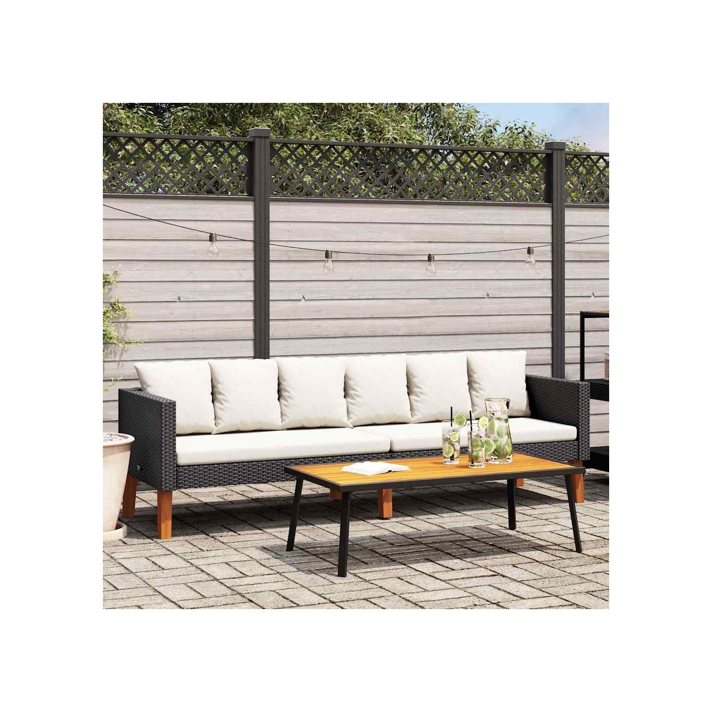Canapé de jardin à 3 places avec coussins Résine tressée Noir