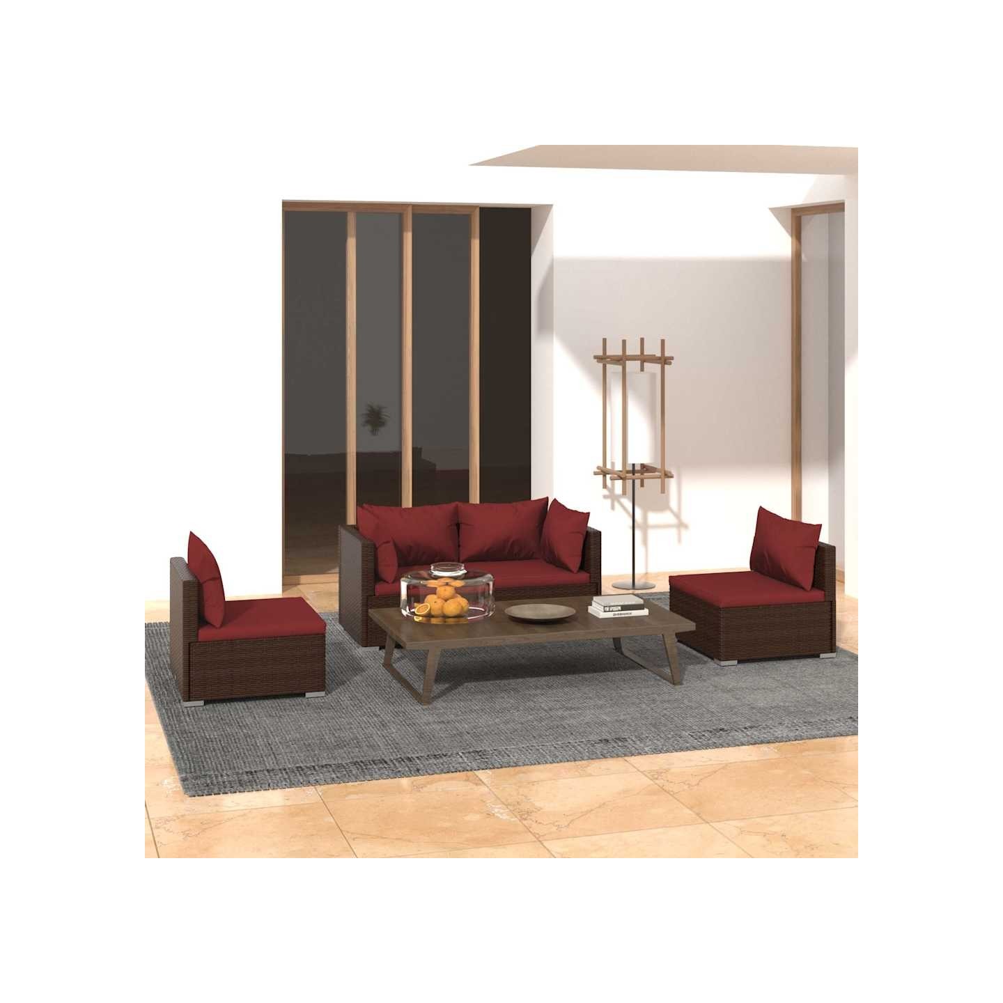 Salon de jardin 4 pcs avec coussins Résine tressée Marron