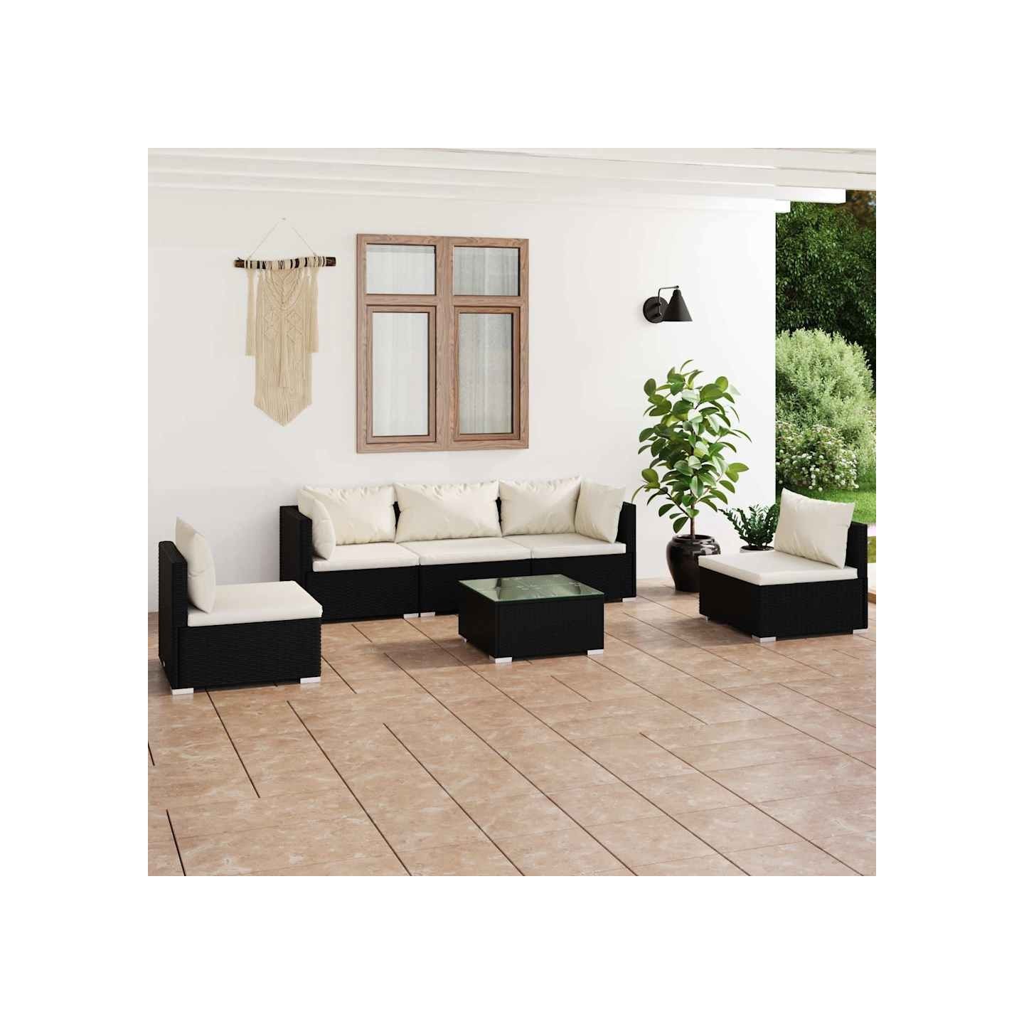 Salon de jardin 6 pcs avec coussins Résine tressée Noir