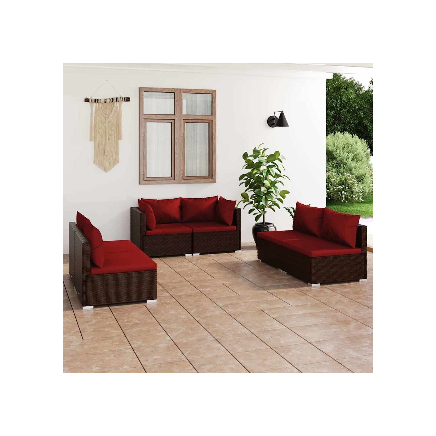 Salon de jardin 6 pcs avec coussins Résine tressée Marron