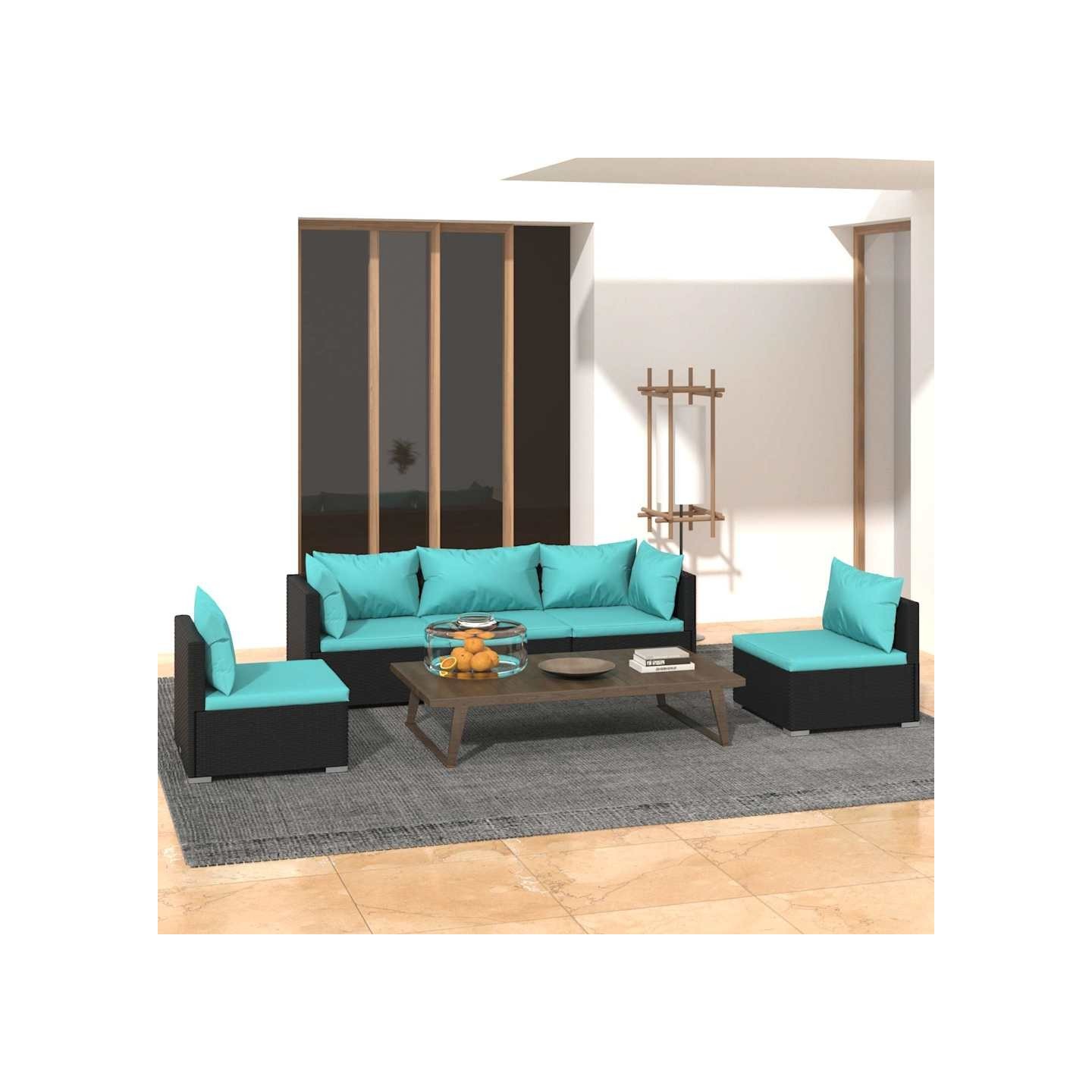 Salon de jardin 5 pcs avec coussins Résine tressée Noir