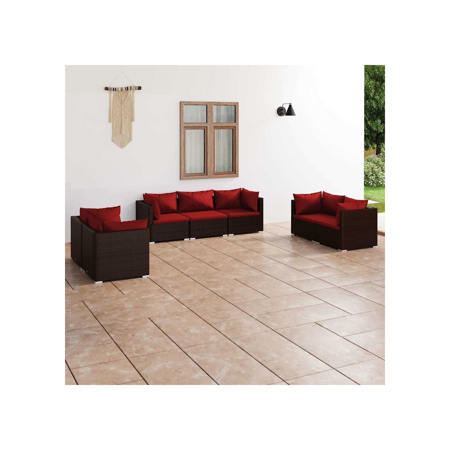 Salon de jardin 7 pcs avec coussins Résine tressée Marron
