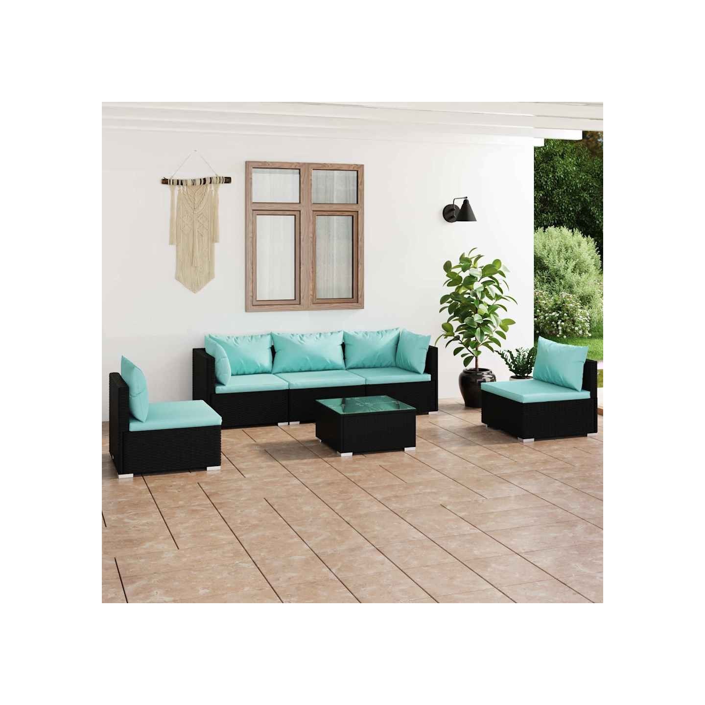 Salon de jardin 6 pcs avec coussins Résine tressée Noir