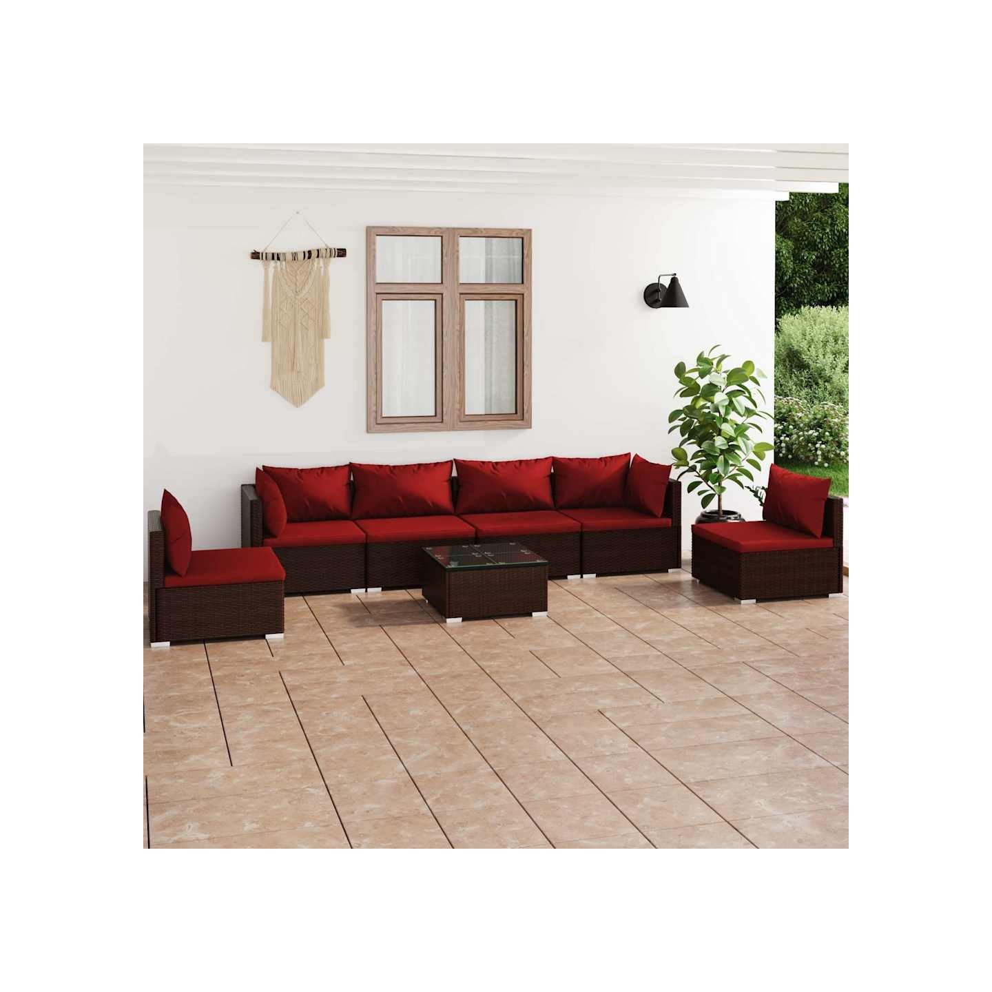 Salon de jardin 7 pcs avec coussins Résine tressée Marron