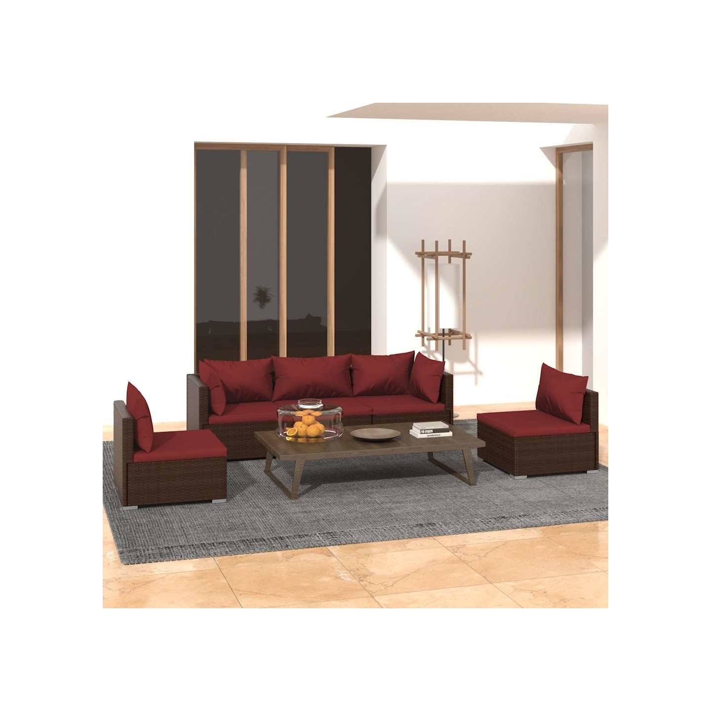 Salon de jardin 5 pcs avec coussins Résine tressée Marron