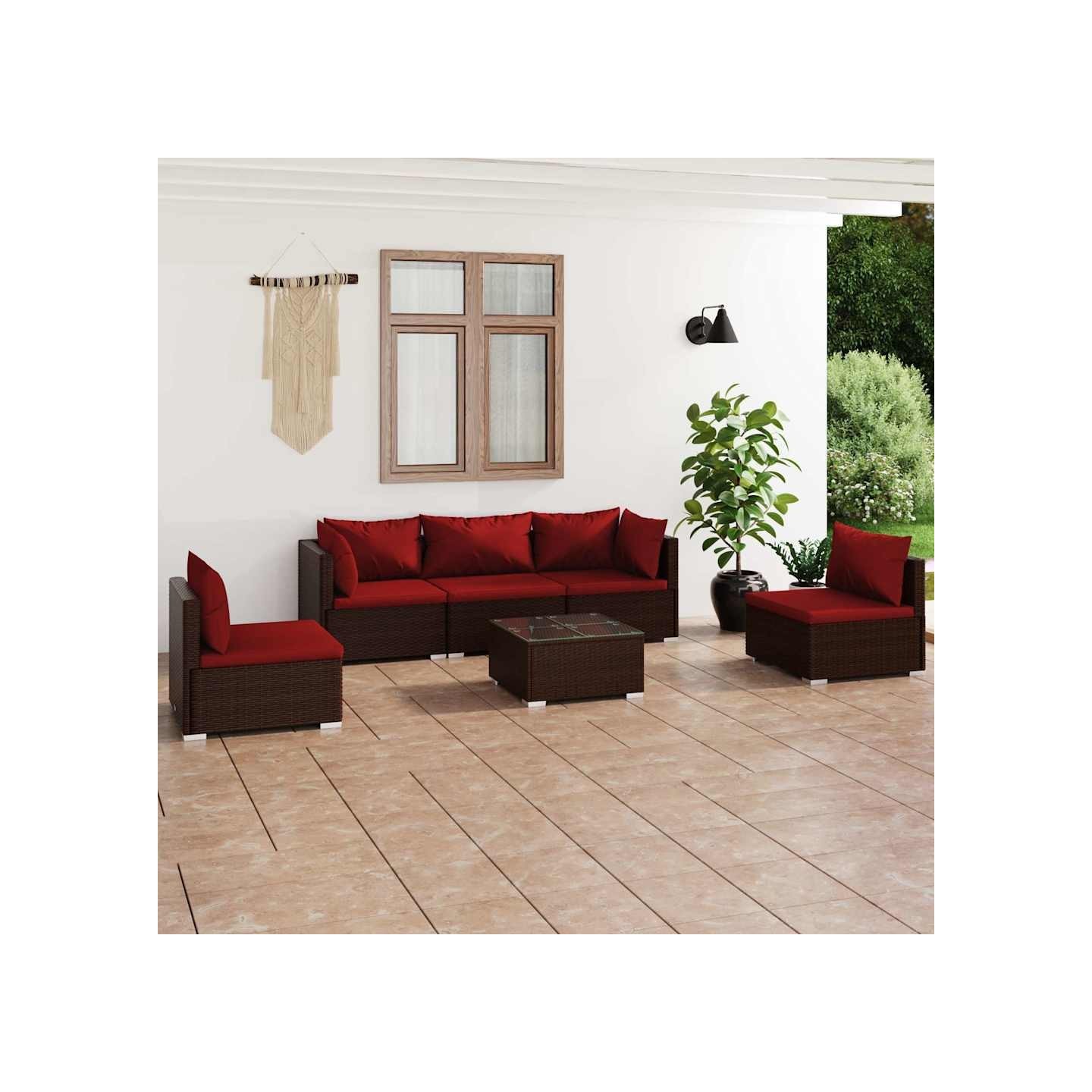 Salon de jardin 6 pcs avec coussins Résine tressée Marron
