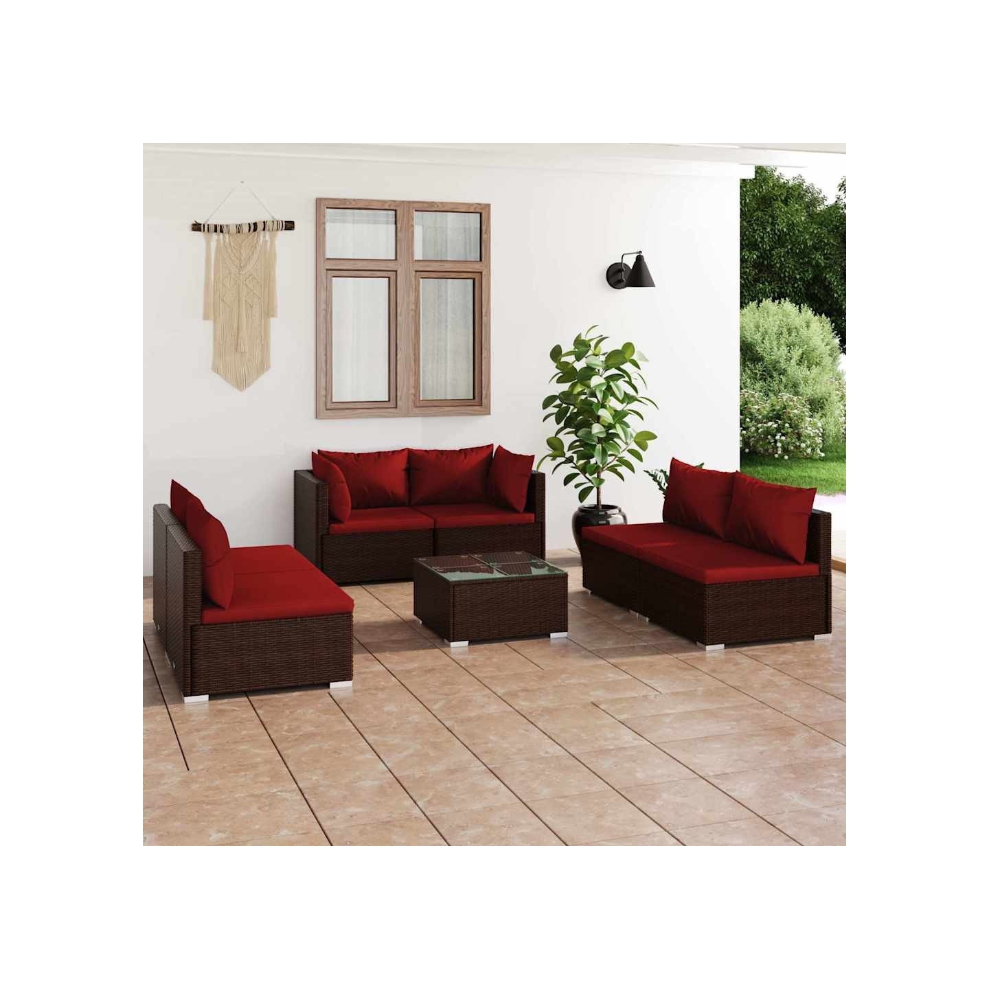 Salon de jardin 7 pcs avec coussins Résine tressée Marron