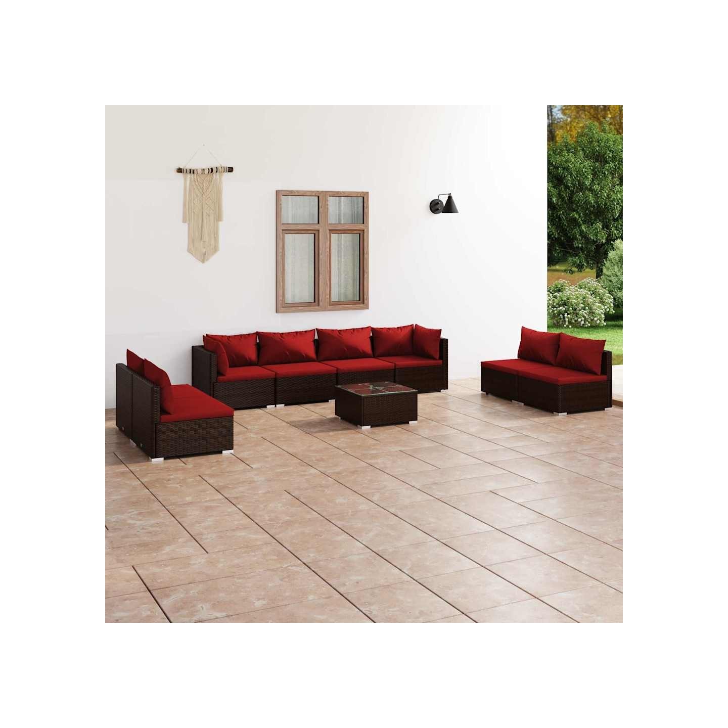 Salon de jardin 9 pcs avec coussins résine tressée marron