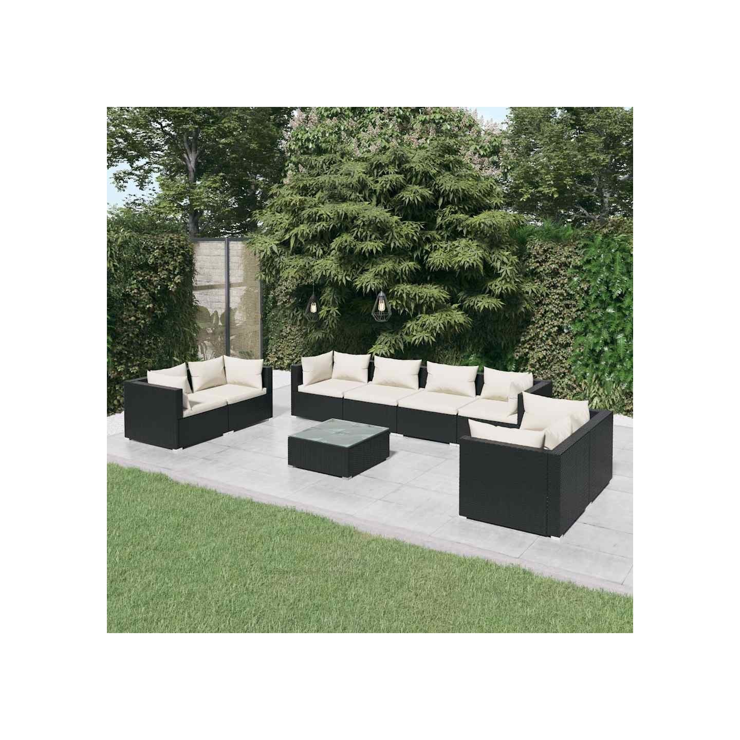 Salon de jardin 9 pcs avec coussins Résine tressée Noir