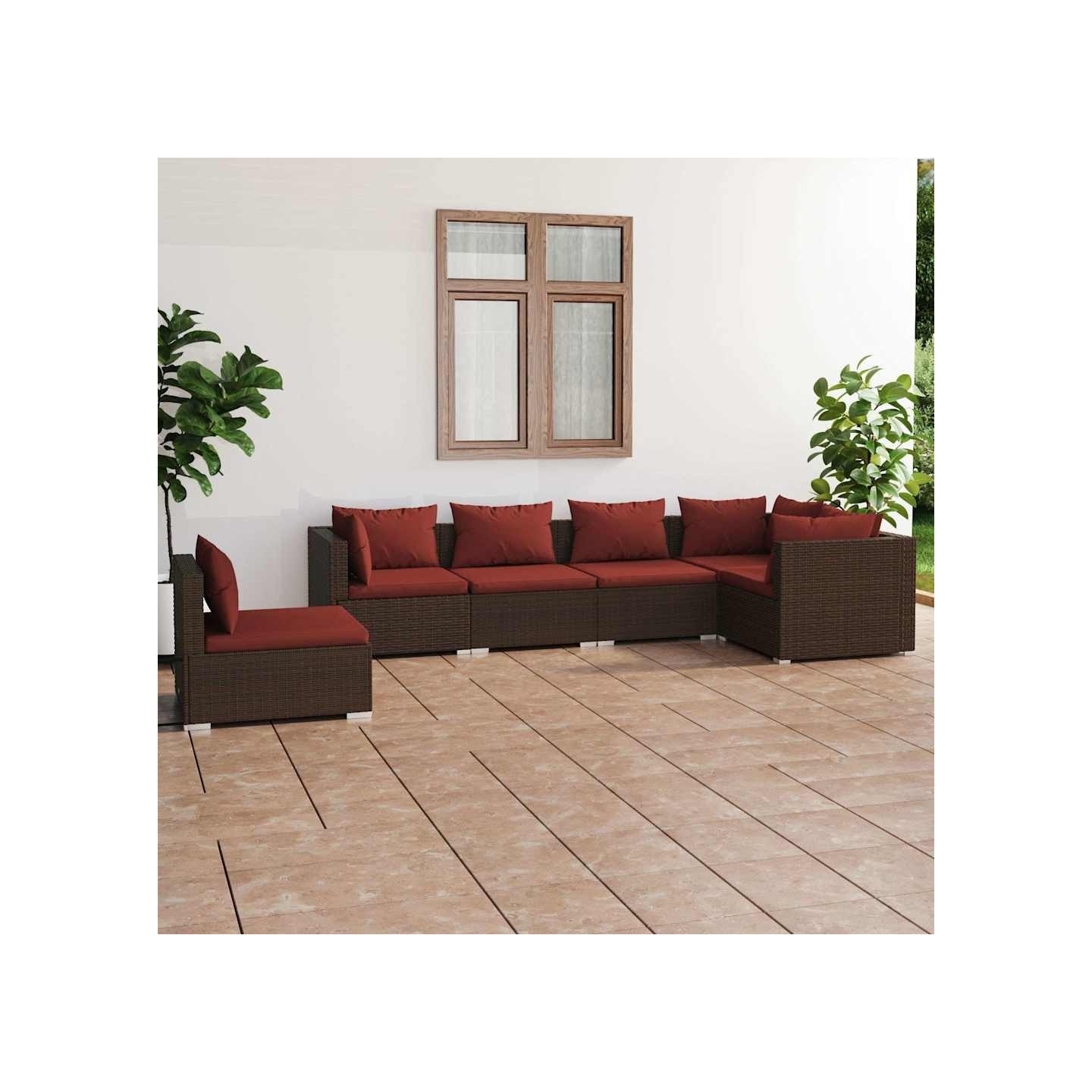 Salon de jardin 6 pcs avec coussins Résine tressée Marron