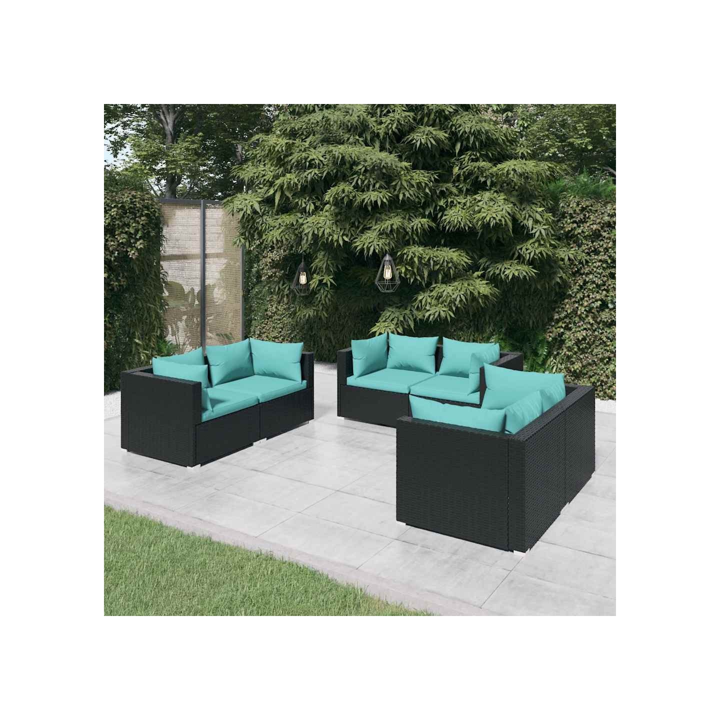 Salon de jardin 6 pcs avec coussins Résine tressée Noir