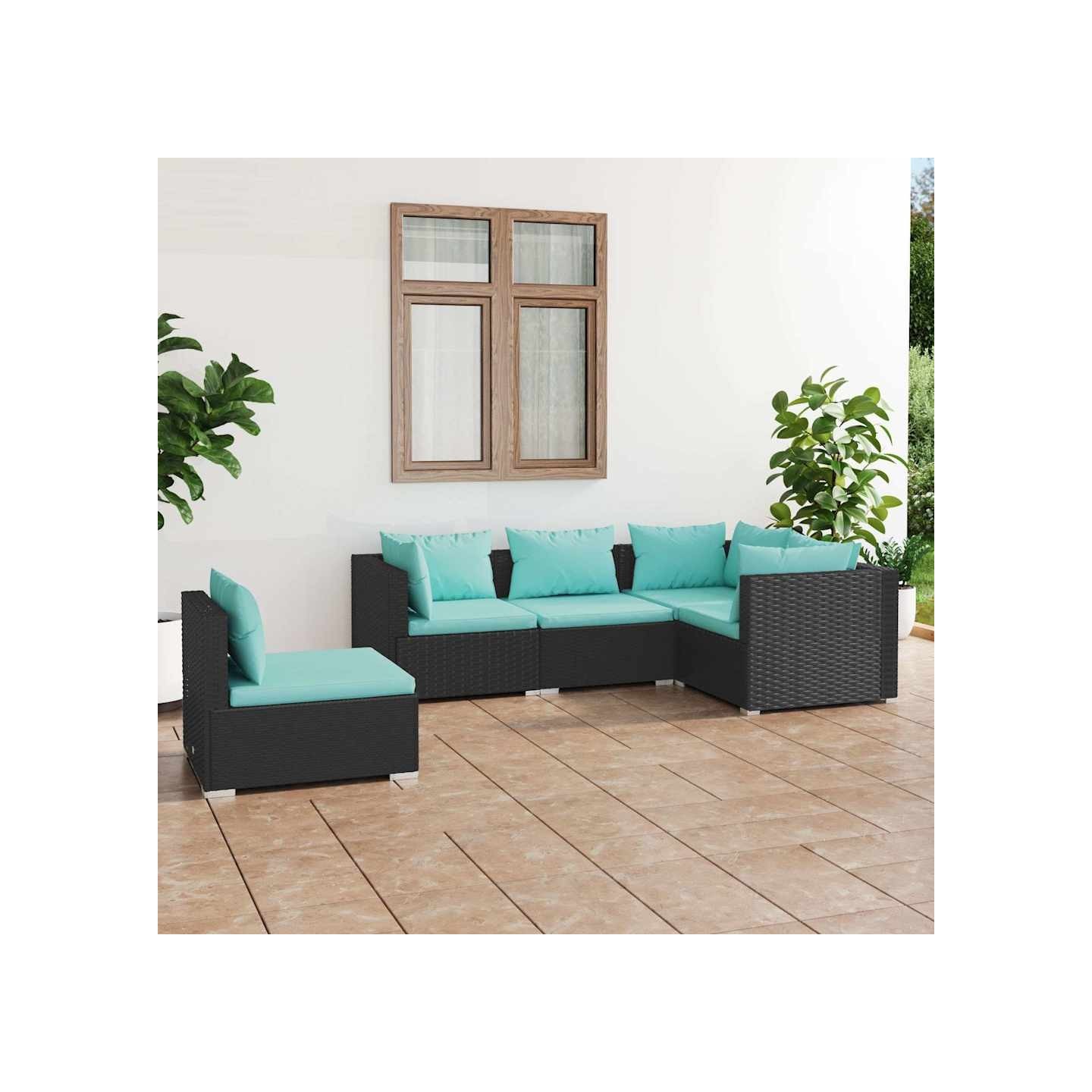 Salon de jardin 5 pcs avec coussins Résine tressée Noir