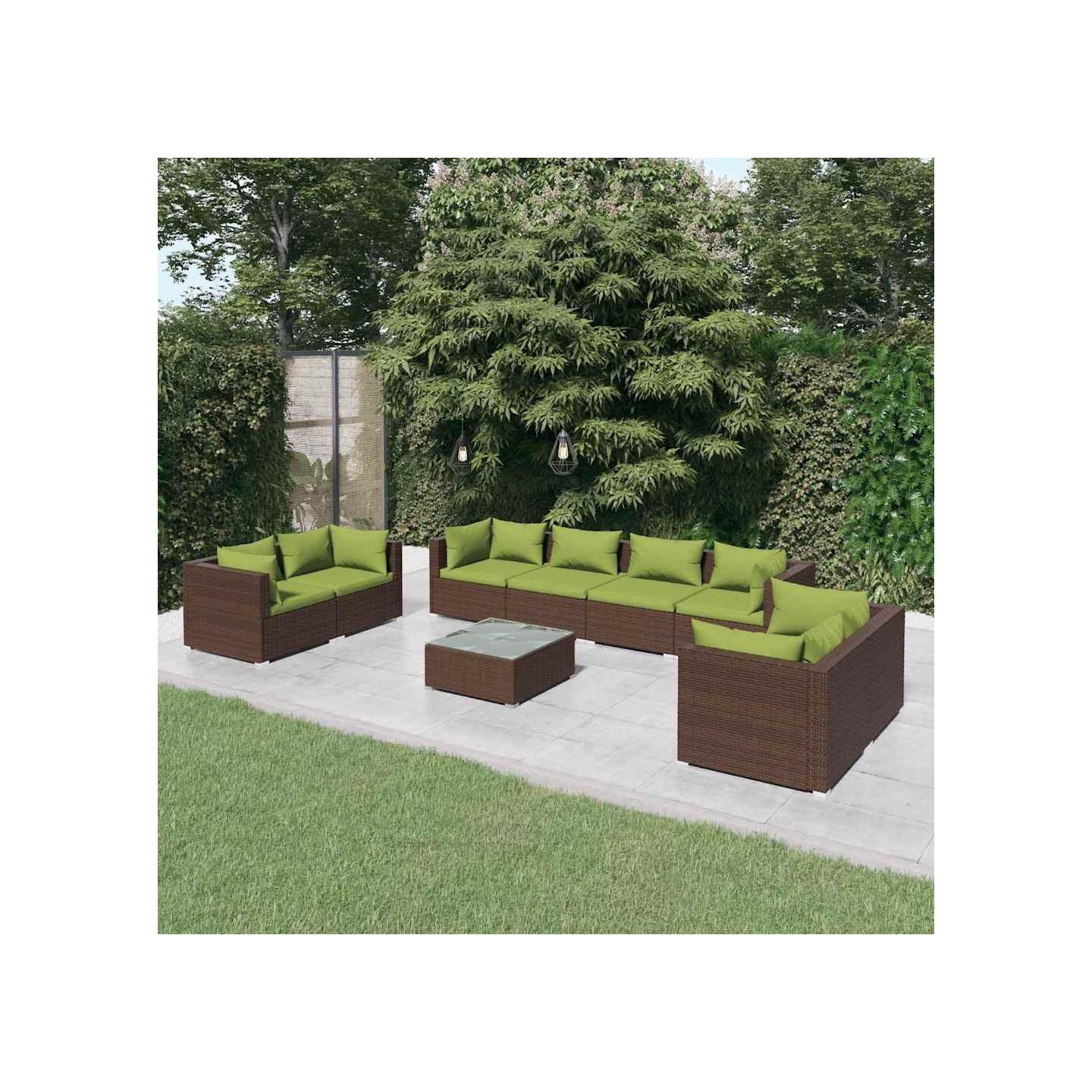Salon de jardin 9 pcs avec coussins résine tressée marron