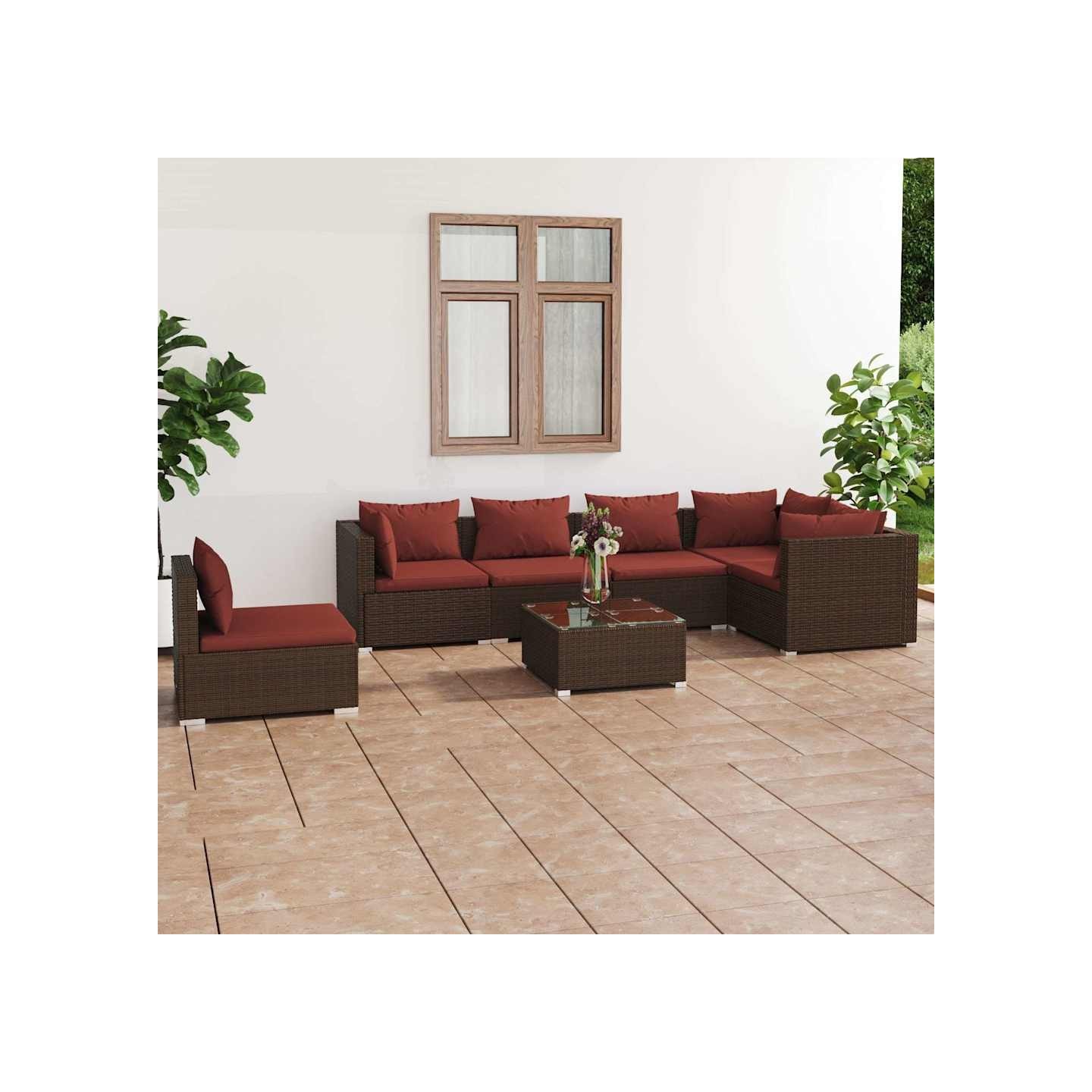 Salon de jardin 7 pcs avec coussins Résine tressée Marron