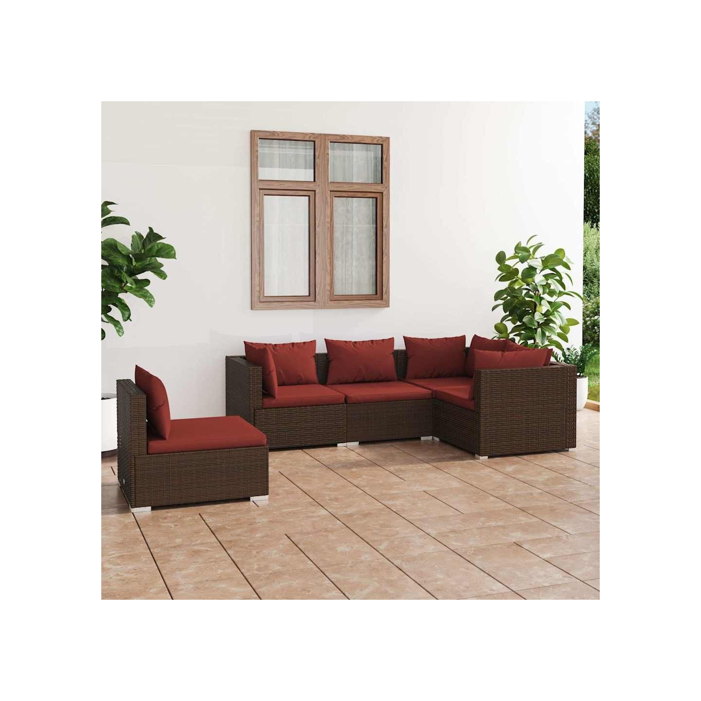 Salon de jardin 5 pcs avec coussins résine tressée marron