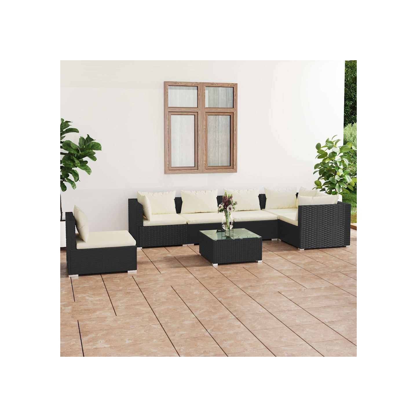 Salon de jardin 7 pcs avec coussins Résine tressée Noir