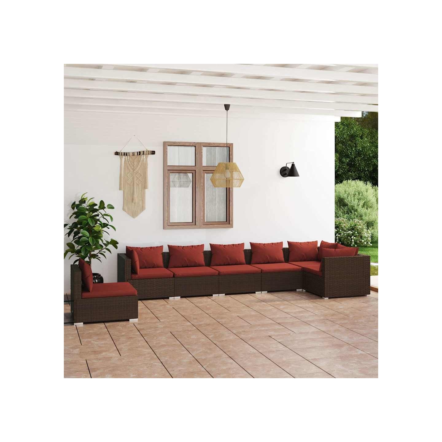 Salon de jardin 7 pcs avec coussins Résine tressée Marron