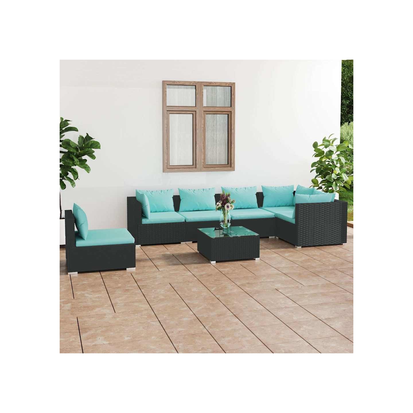 Salon de jardin 7 pcs avec coussins Résine tressée Noir