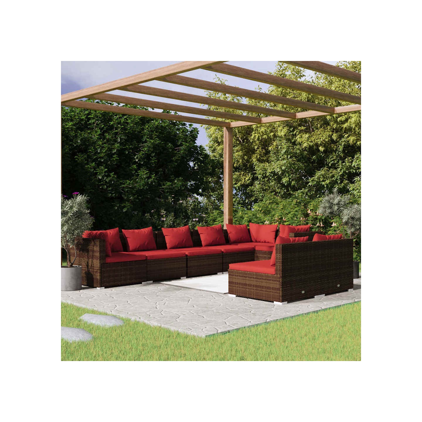 Salon de jardin avec coussins 8 pcs marron résine tressée