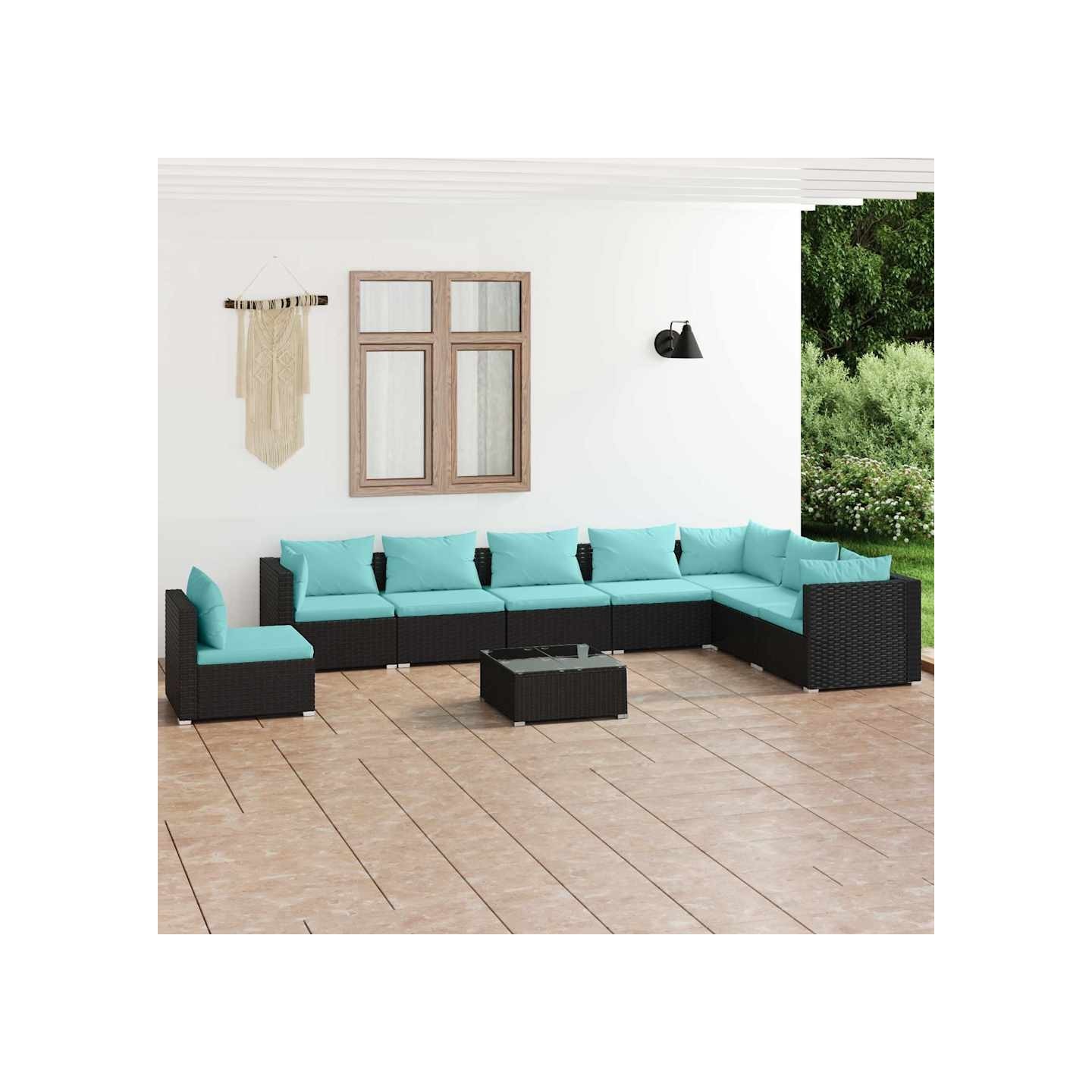 Salon de jardin 9 pcs avec coussins Résine tressée Noir