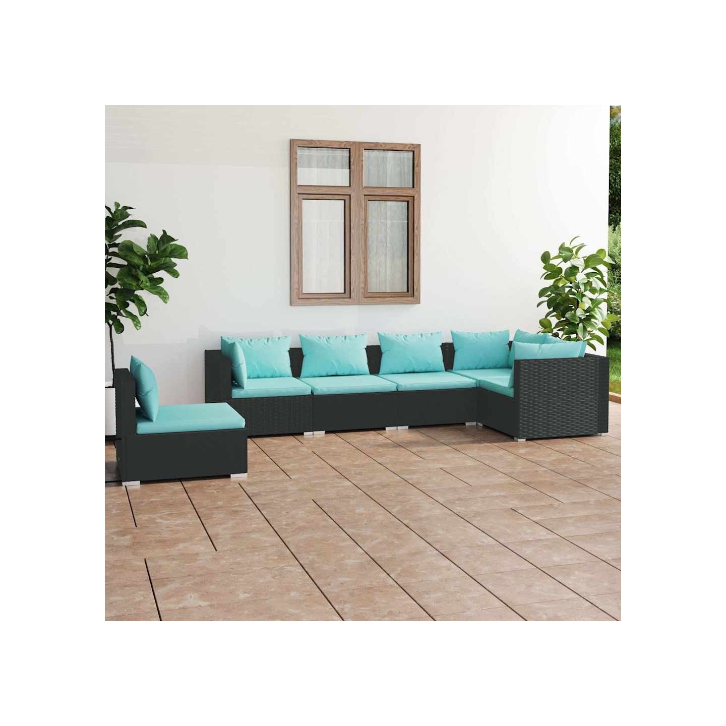 Salon de jardin 6 pcs avec coussins Résine tressée Noir