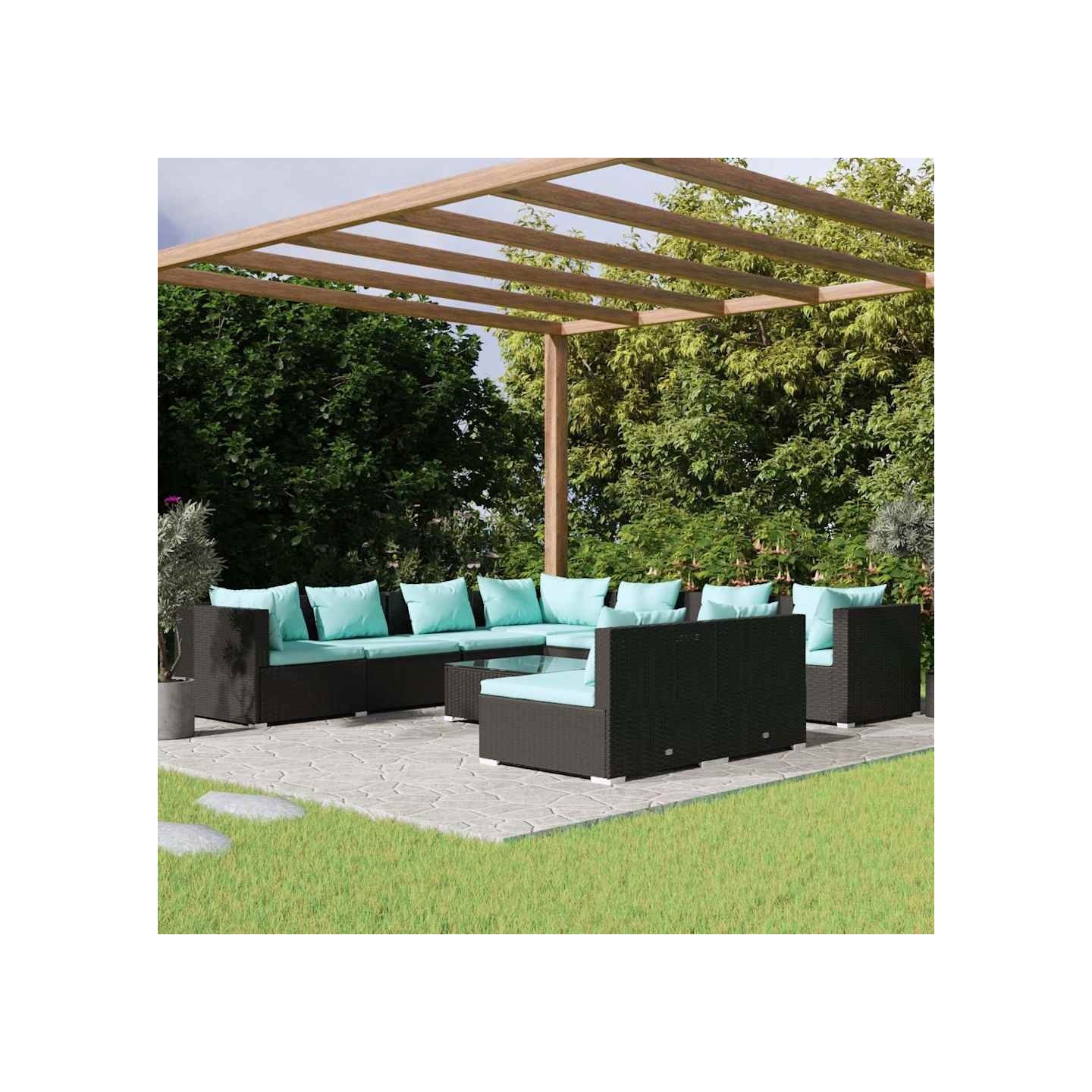 Salon de jardin 10 pcs avec coussins noir résine tressée