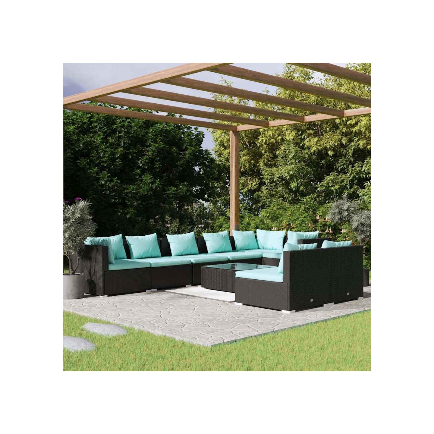 Salon de jardin 9 pcs avec coussins Noir Résine tressée