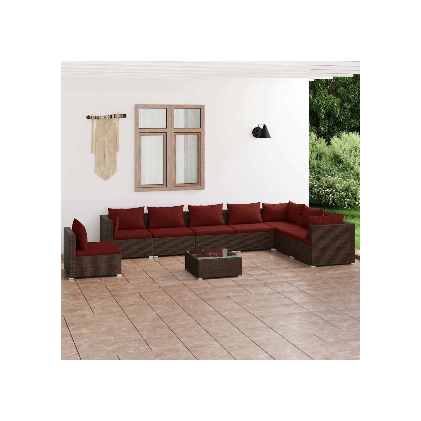 Salon de jardin 9 pcs avec coussins résine tressée marron
