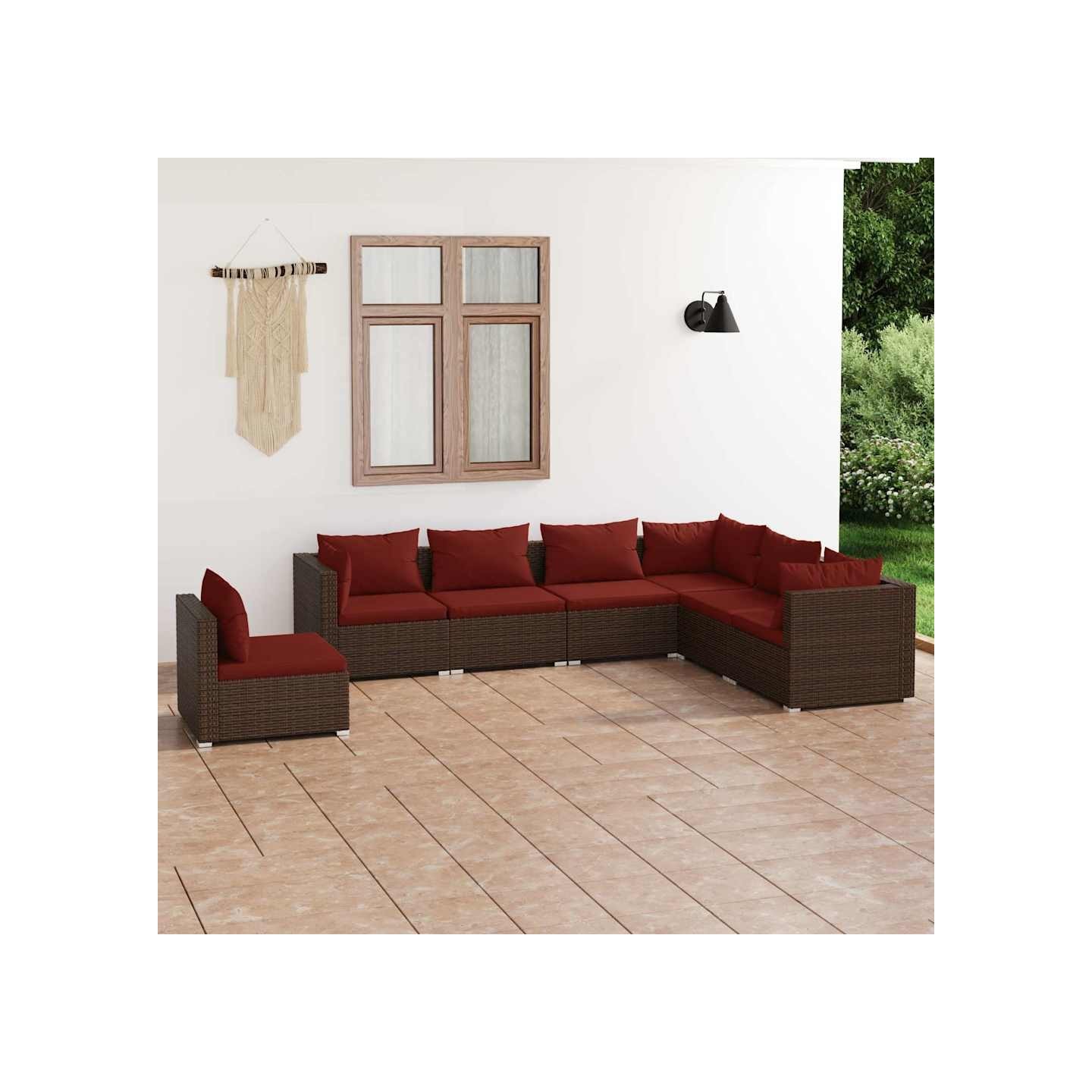 Salon de jardin 7 pcs avec coussins Résine tressée Marron
