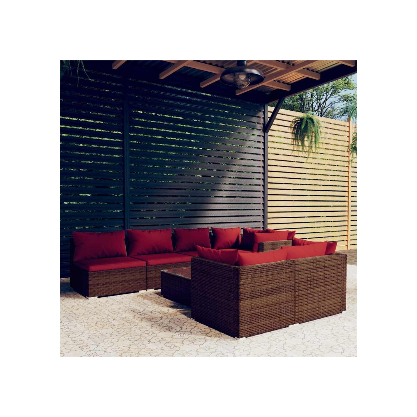 Salon de jardin avec coussins 8 pcs marron résine tressée