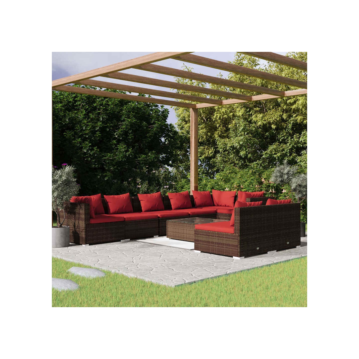 Salon de jardin avec coussins 9 pcs marron résine tressée
