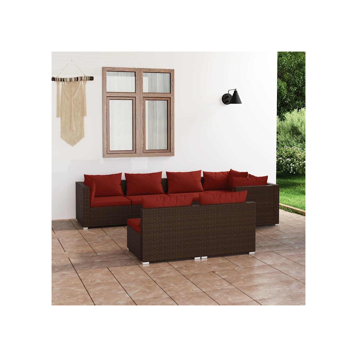 Salon de jardin avec coussins 7 pcs marron résine tressée