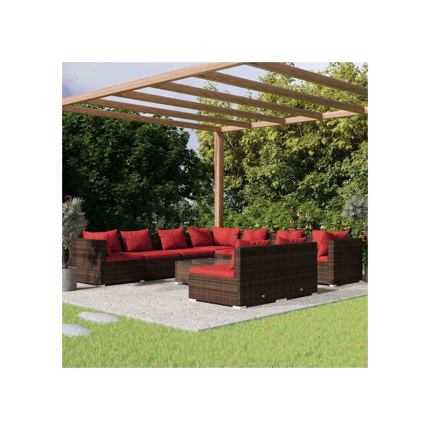 Salon de jardin 10 pcs avec coussins marron résine tressée