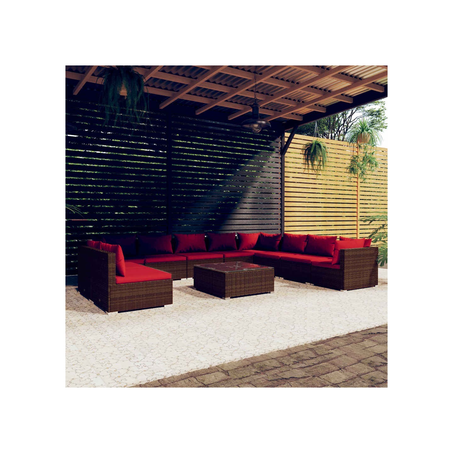 Salon de jardin 11 pcs avec coussins marron résine tressée