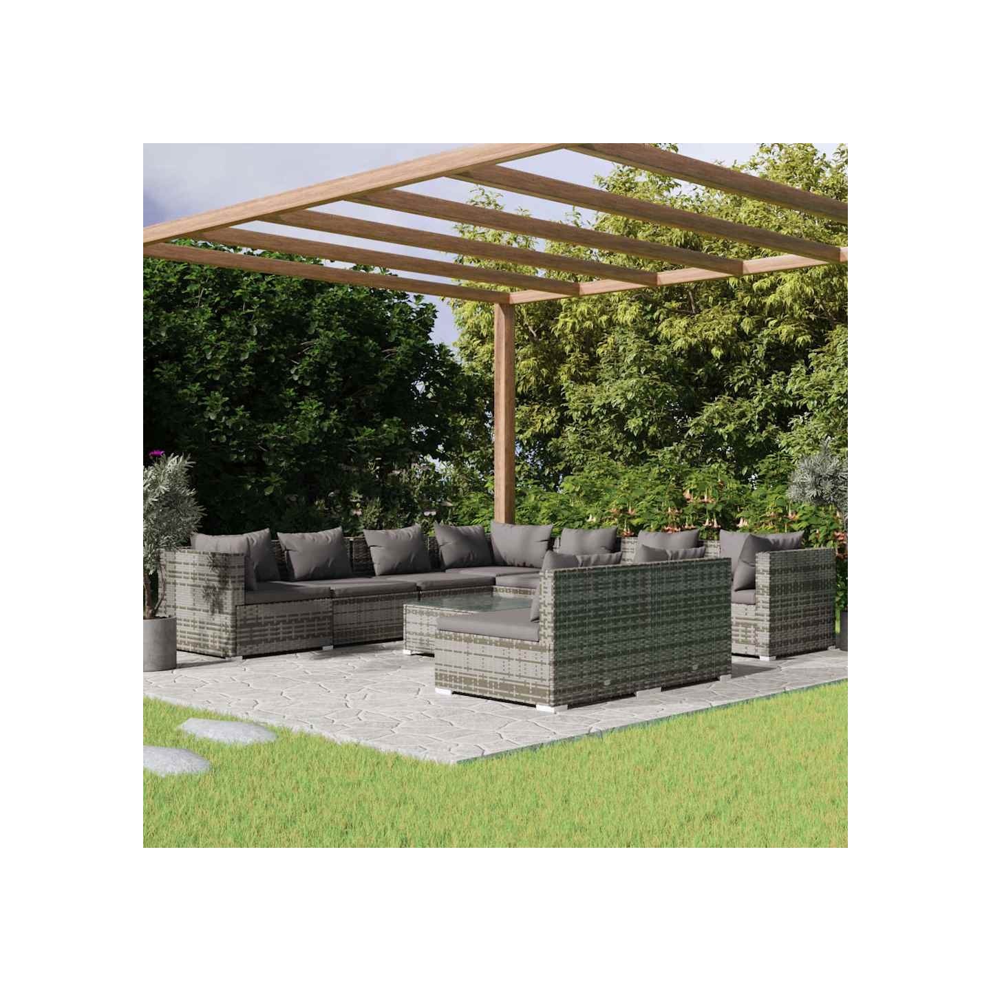 Salon de jardin 10 pcs avec coussins Gris Résine tressée