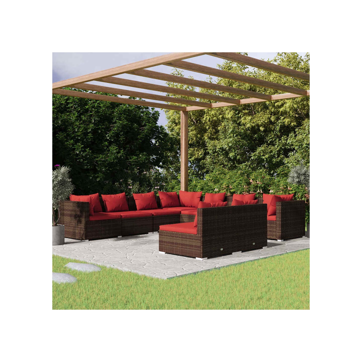 Salon de jardin avec coussins 9 pcs marron résine tressée