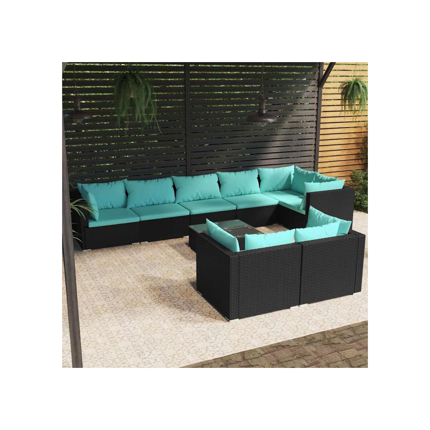 Salon de jardin 9 pcs avec coussins Noir Résine tressée