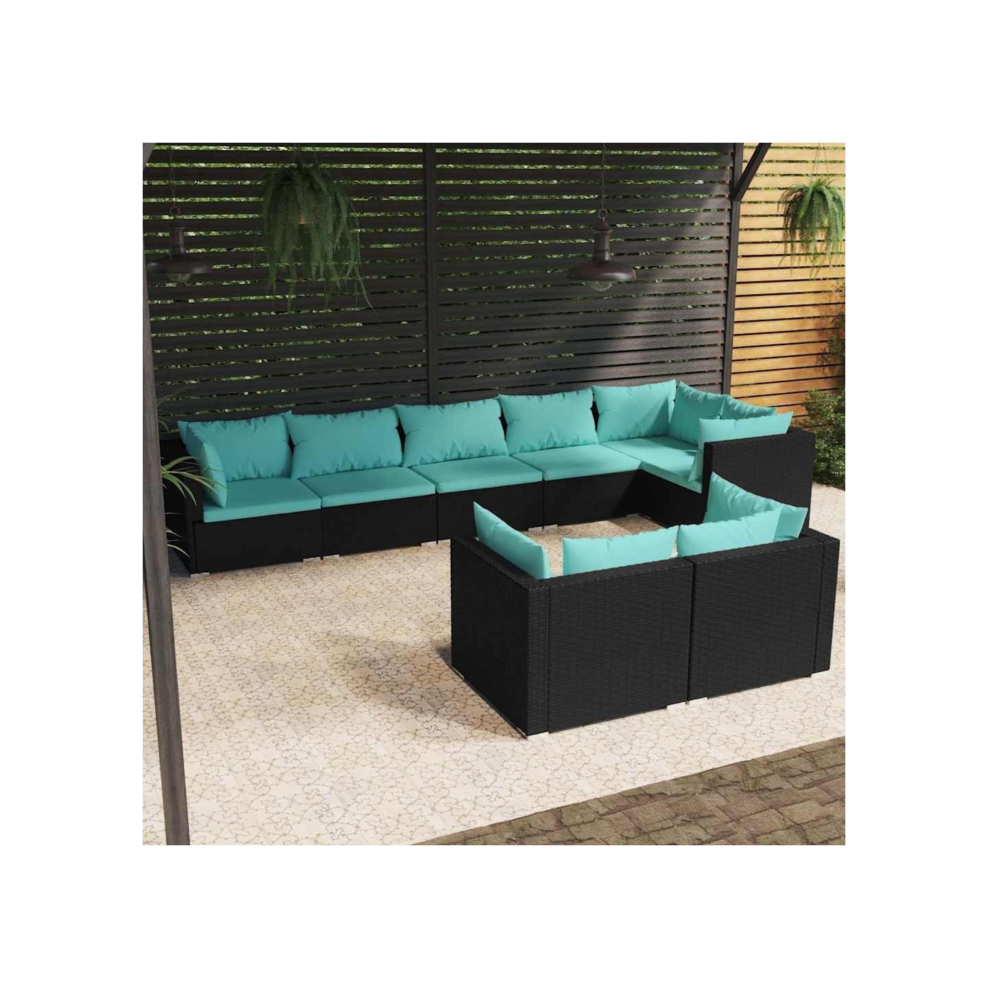 Salon de jardin 8 pcs avec coussins noir résine tressée