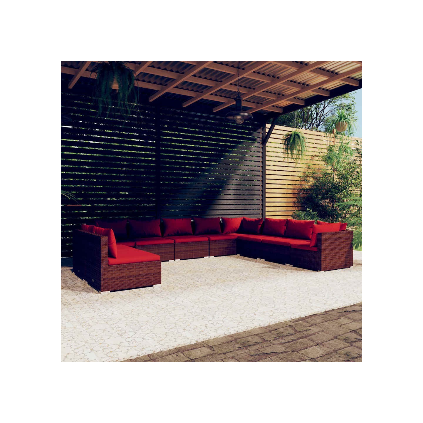 Salon de jardin 10 pcs avec coussins marron résine tressée