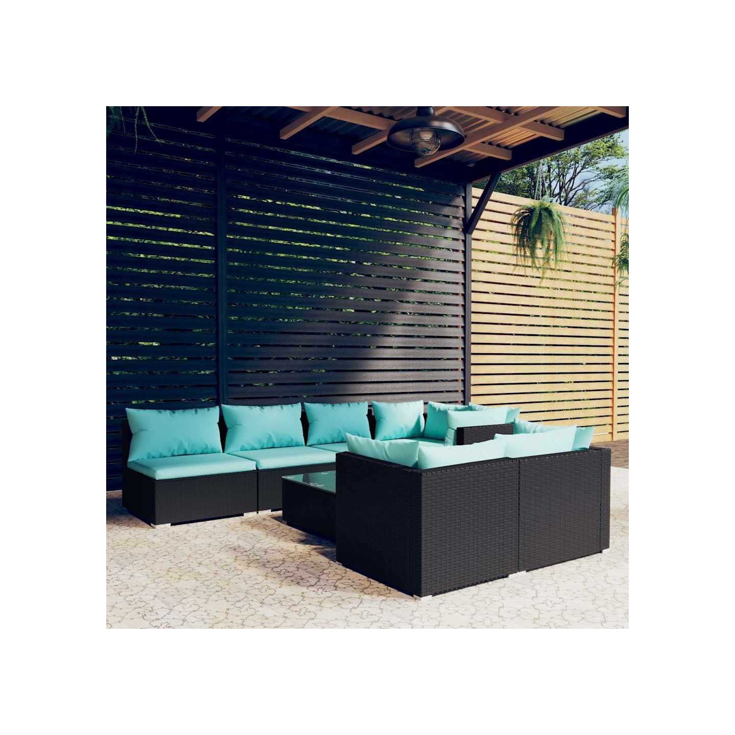 Salon de jardin 8 pcs avec coussins noir résine tressée