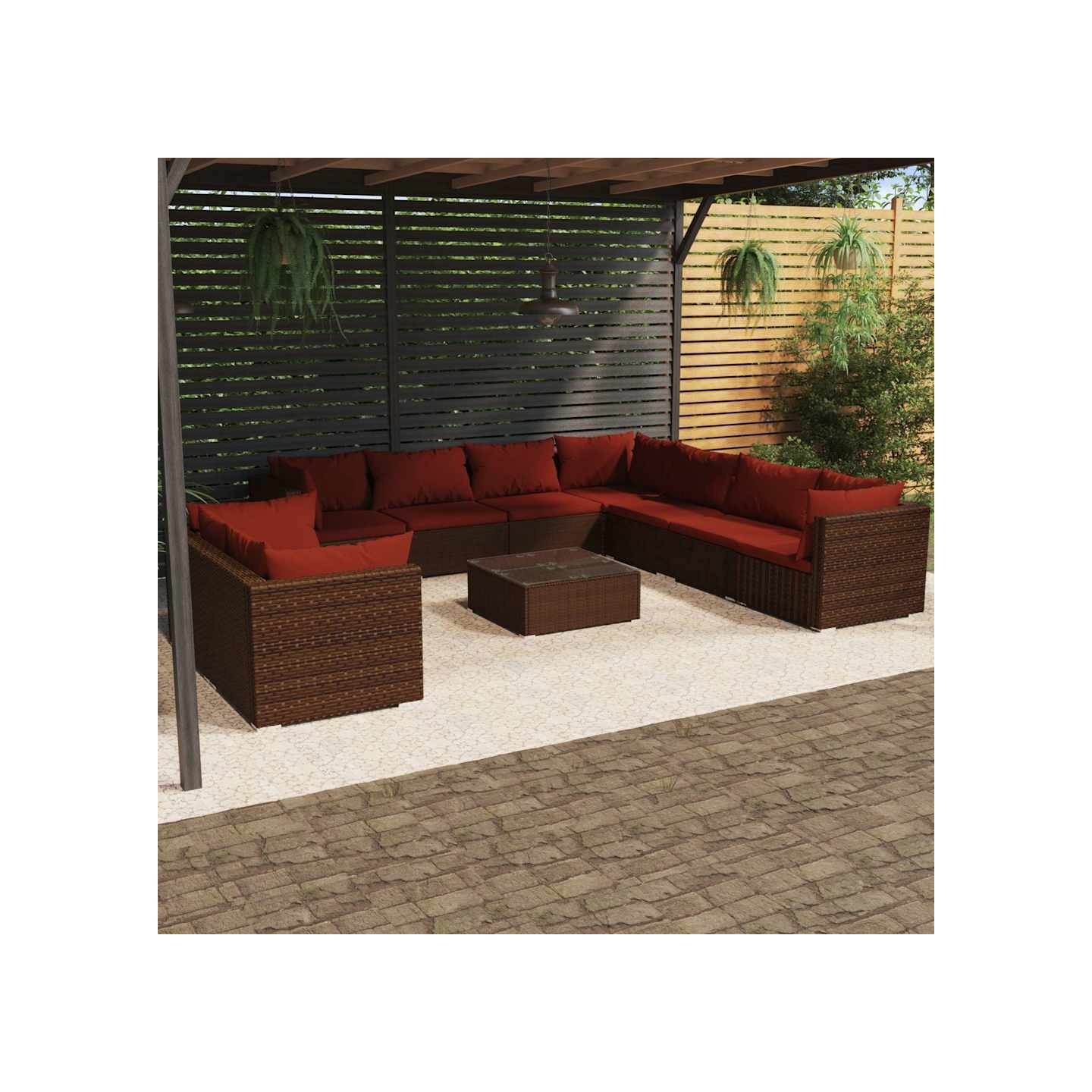 Salon de jardin 10 pcs avec coussins marron résine tressée