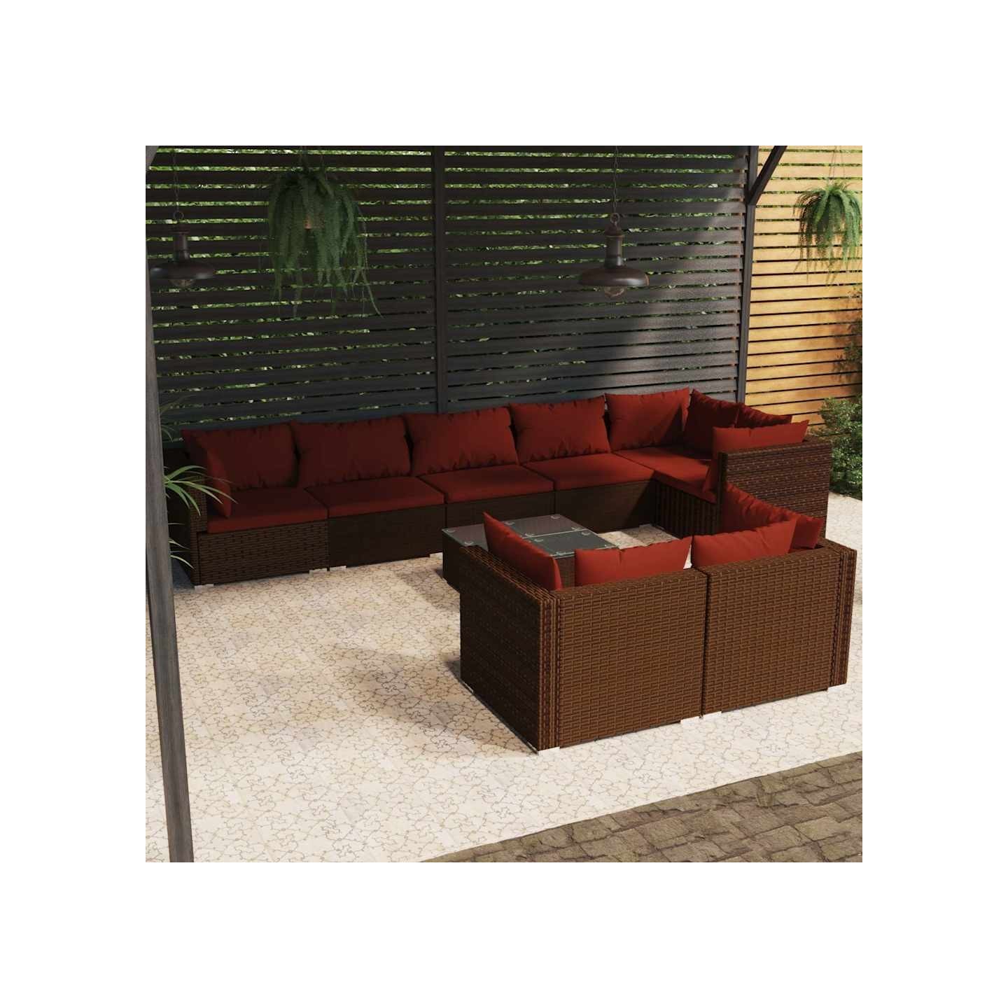 Salon de jardin avec coussins 9 pcs marron résine tressée