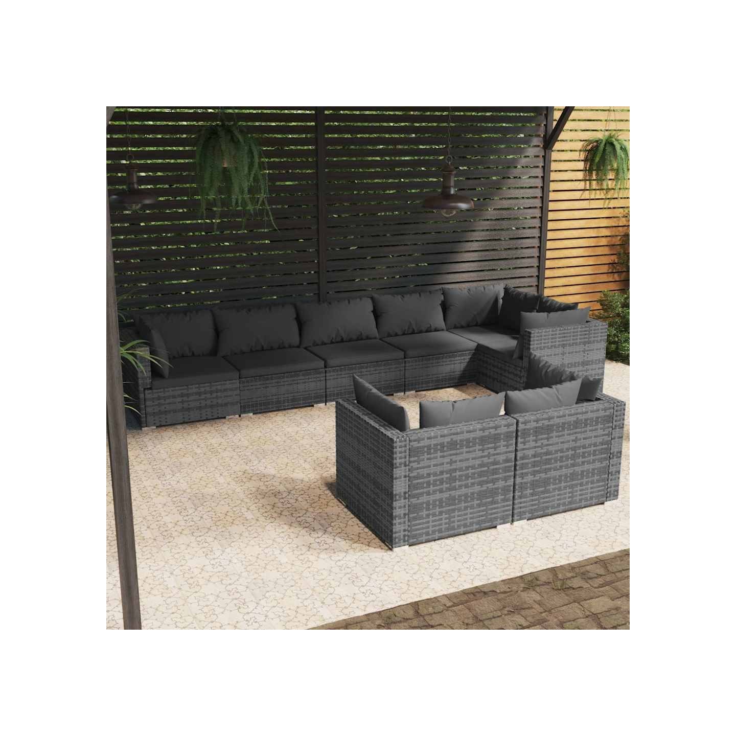 Salon de jardin 8 pcs avec coussins Gris Résine tressée