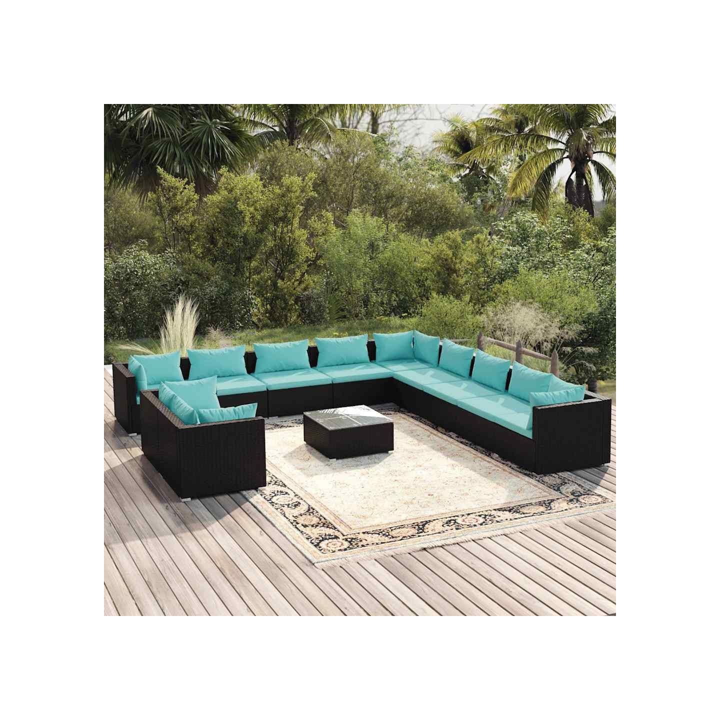 Salon de jardin 12 pcs avec coussins Noir Résine tressée