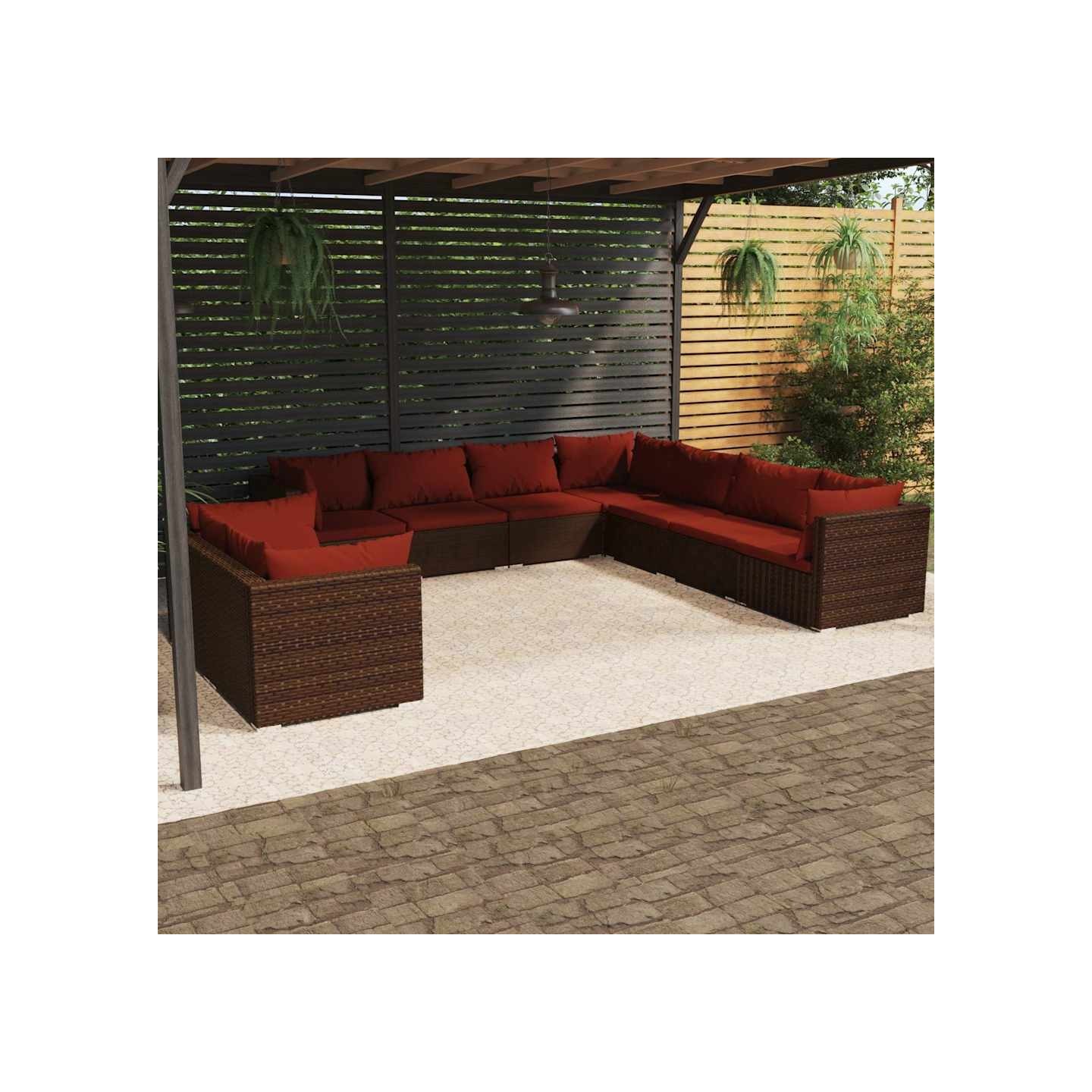 Salon de jardin avec coussins 9 pcs marron résine tressée