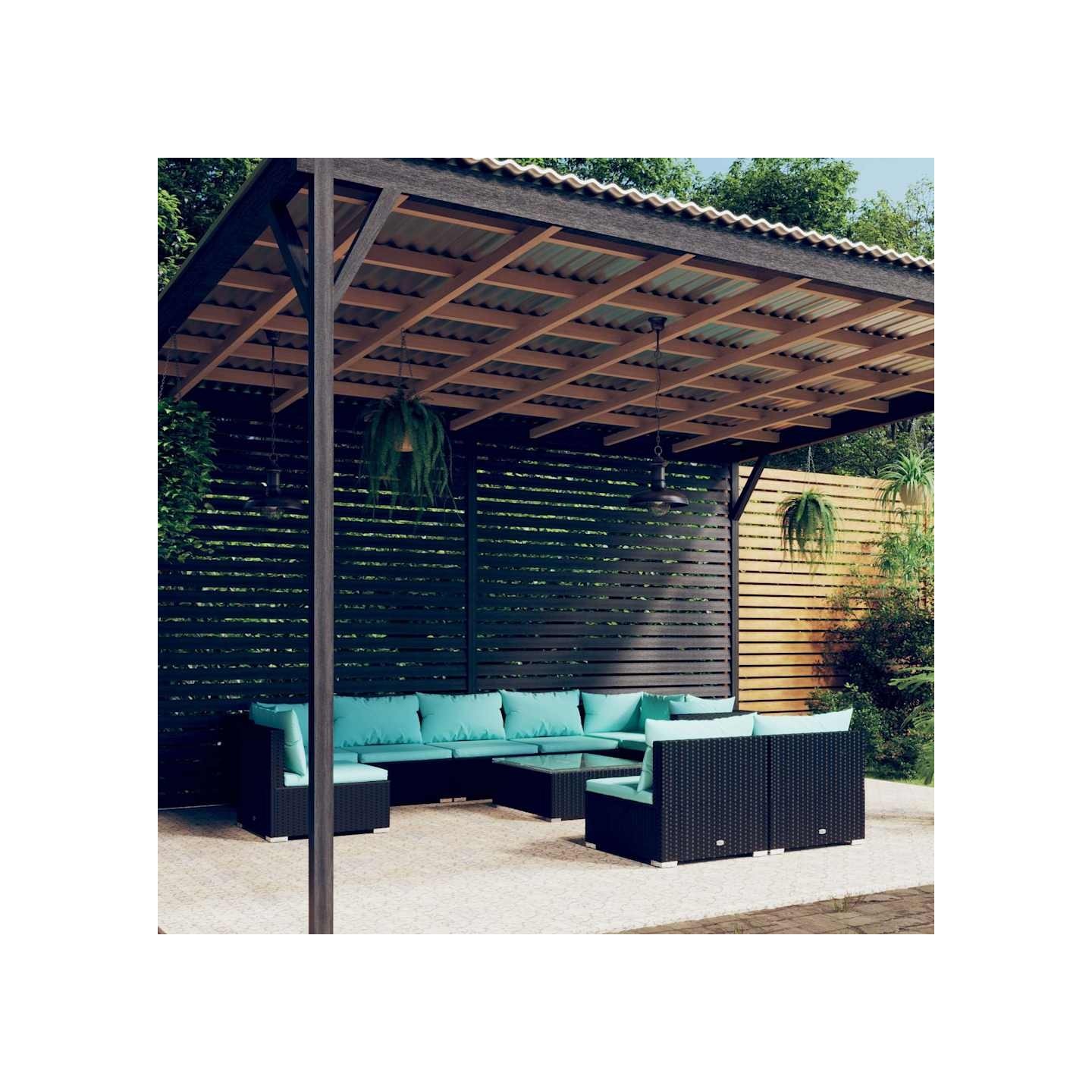 Salon de jardin 10 pcs avec coussins Résine tressée Noir