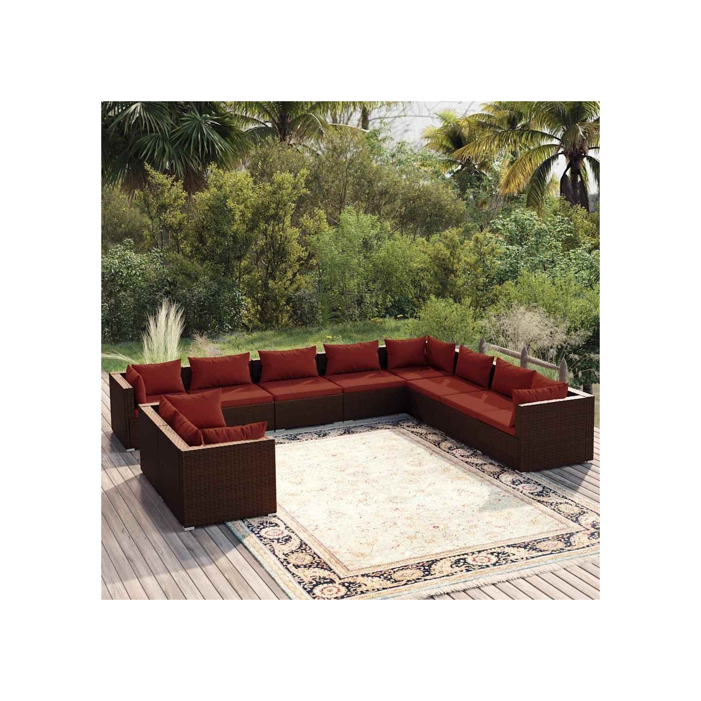 Salon de jardin 10 pcs avec coussins marron résine tressée