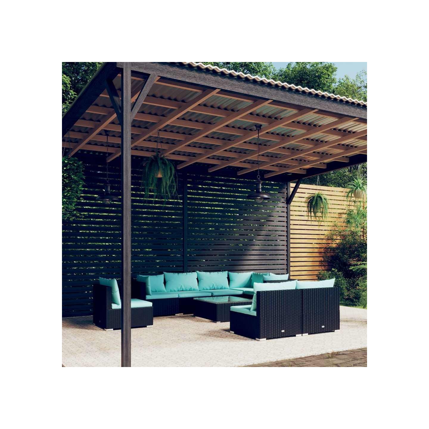Salon de jardin 9 pcs avec coussins Résine tressée Noir