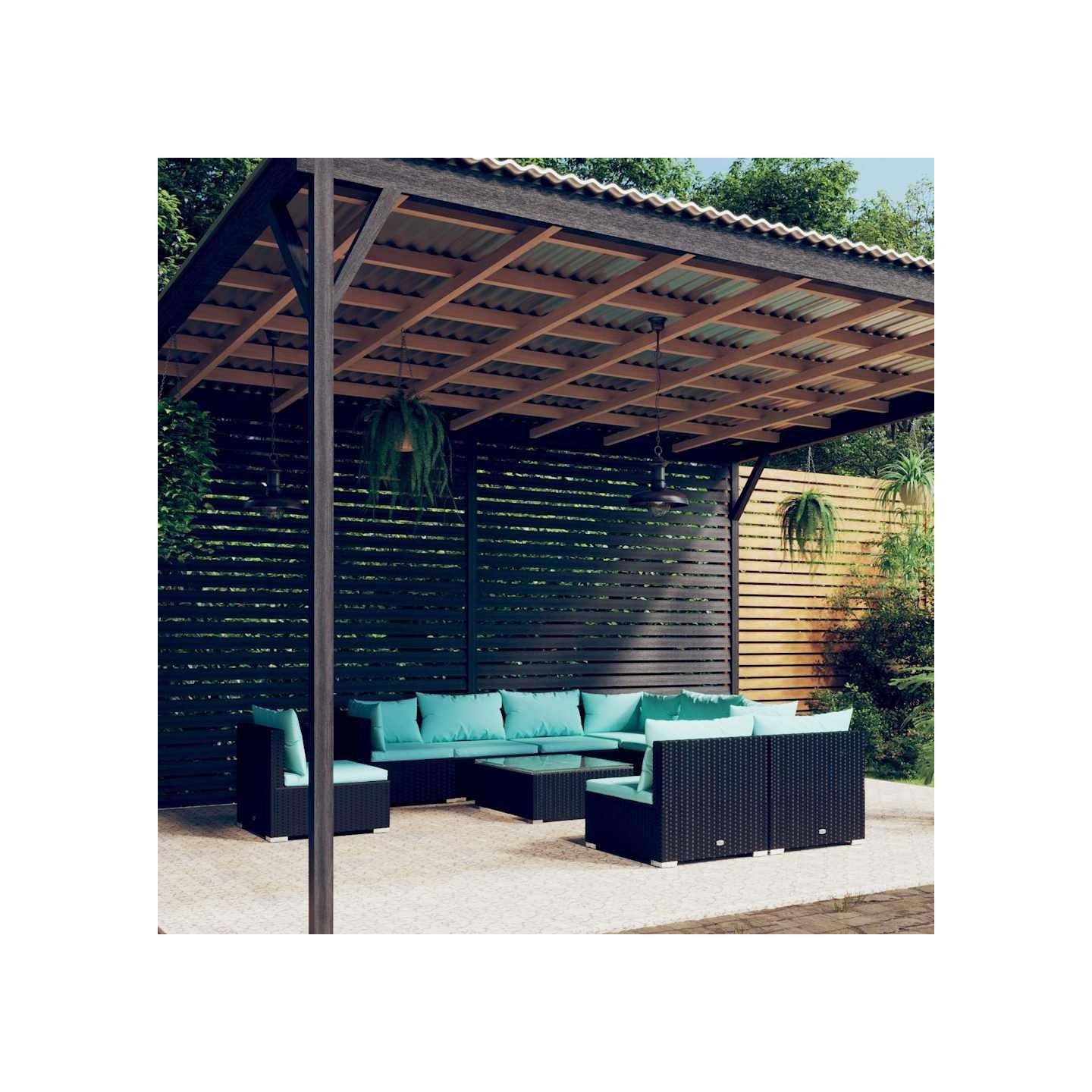 Salon de jardin 10 pcs avec coussins Résine tressée Noir